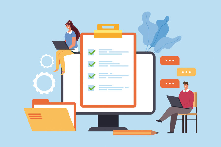 Online internet web questionnaire check mark examination feedback test training class concept vector flat cartoon graphic design illustration