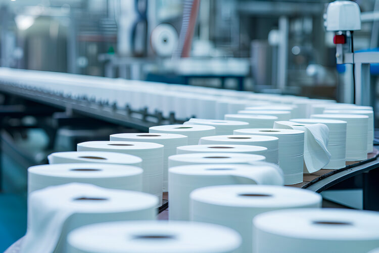 Production of toilet paper at the factory. Conveyor belt with pr