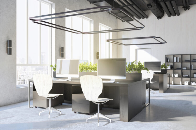 Luxury coworking office interior with equipment, furniture, city view and sunlight. 3D Rendering