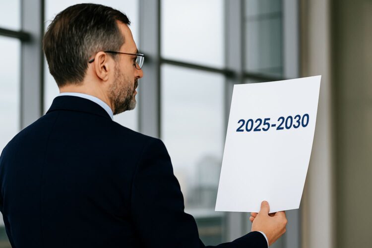 un director de Seguridad Corporativa mira un documento con los años 2025-2030